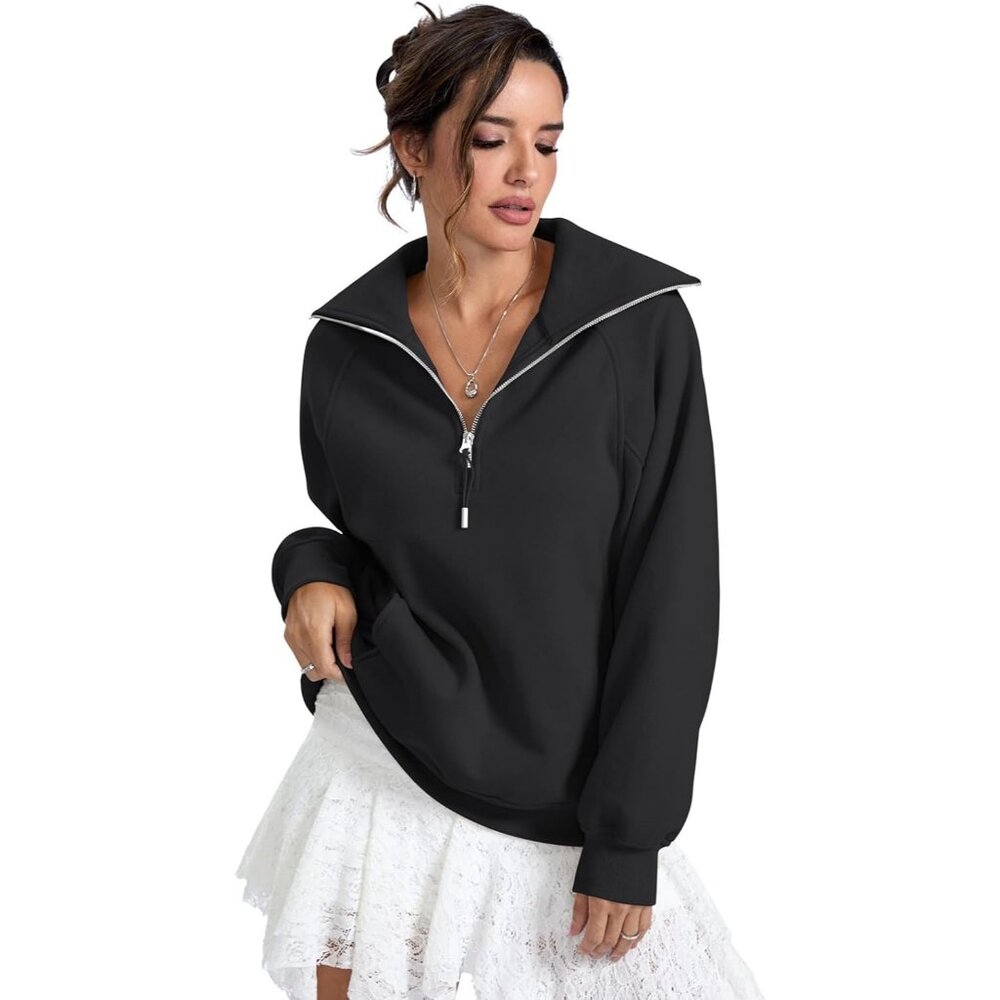 Women's Fleece Lined Zip Pocket Long Sleeve Sweatshirts Hoodies Tops Black - Picture 5 of 7